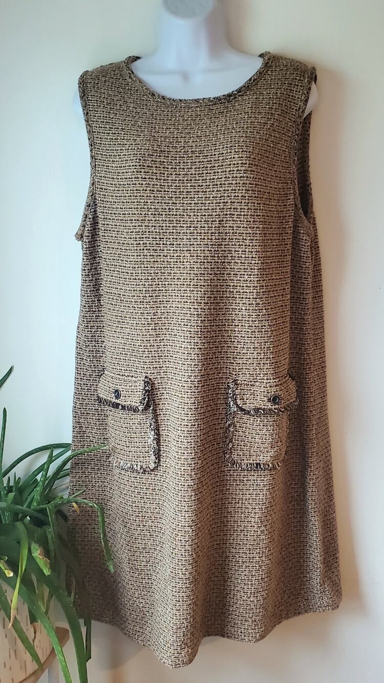 J.Jill Womens Tan Tweed Sleeveless Dress Size Petite M Hipster Preppy Granny